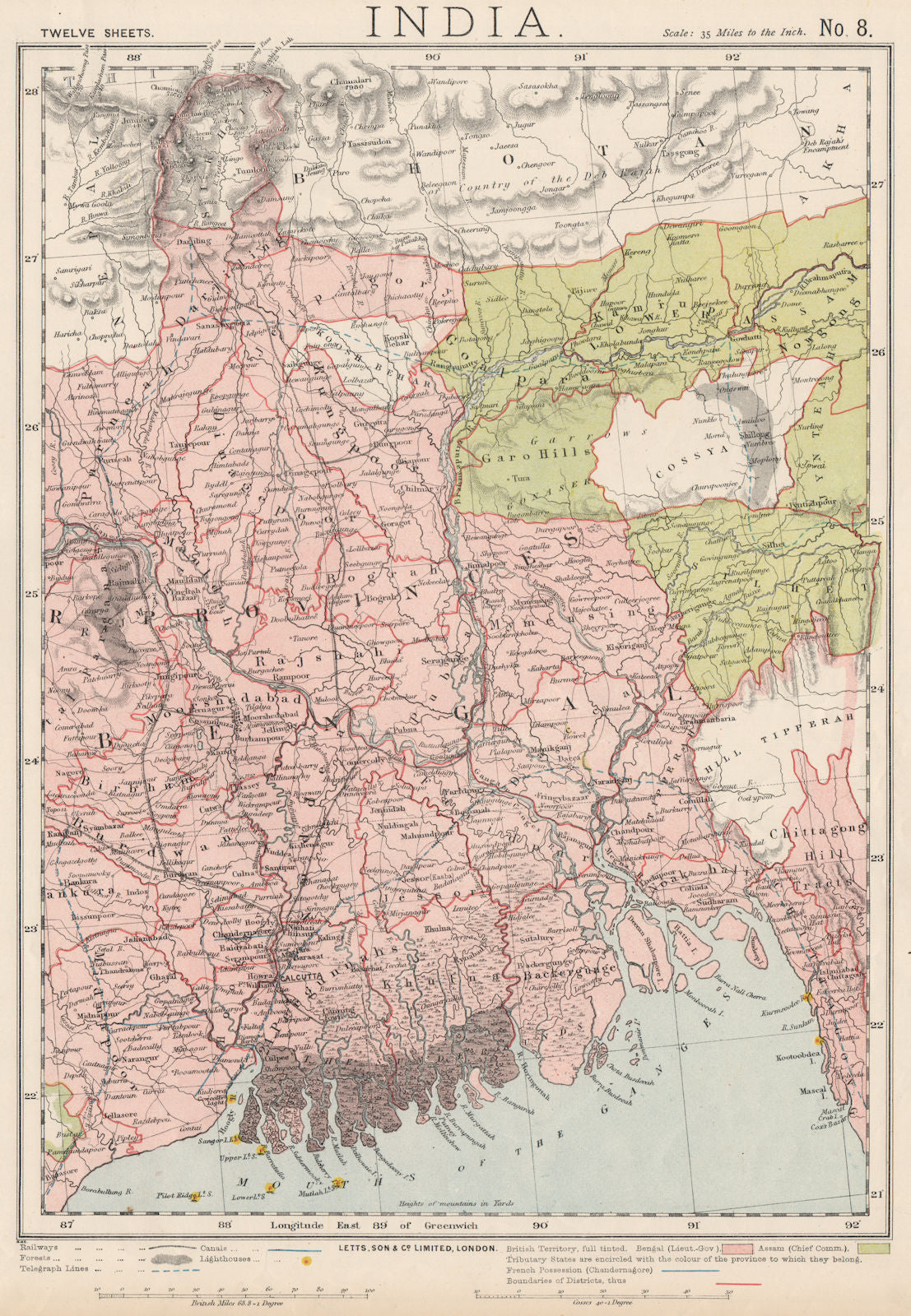 BRITISH BENGAL BANGLADESH Calcutta Bhutan Assam Sikkim. Railways. LETTS 1889 map
